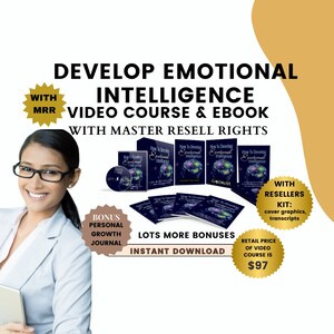 May include: A woman smiles while holding a tablet in front of a colourful marketing image for an emotional intelligence video course and ebook. The image includes the text "Develop Emotional Intelligence Video Course & Ebook" and "With Master Resell Rights". The image also includes a bonus personal growth journal and lots more bonuses. The retail price of the video course is £97.