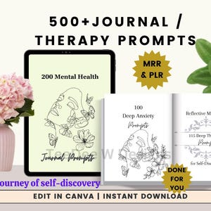 500+ journal or therapy prompts. MRR PLR. A journey of self-discovery. edit in Canva. Instant Download
