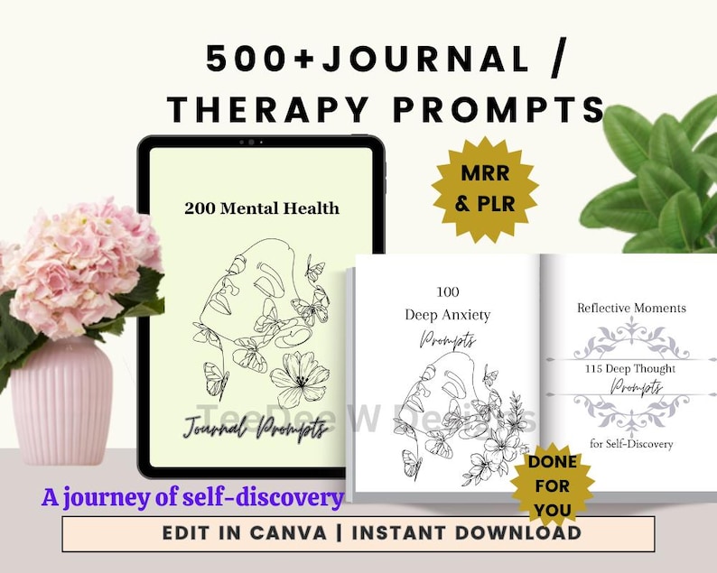 500+ journal or therapy prompts. MRR PLR. A journey of self-discovery. edit in Canva. Instant Download