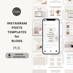 May include: A collection of Instagram post templates for blogs, featuring a variety of designs with text overlays and images. The templates include tips on writing blog post headings, boosting productivity, and creating engaging content.
