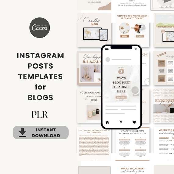 PLR 71 Blog Post Templates, PLR Bundle, Editable in Canva, Neutral Aesthetic Posts, Instagram posts, Download, Social Media Design Pack