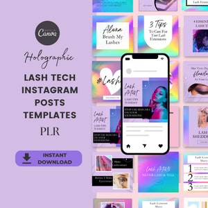 PLR Lash Tech Instagram Posts Holographic Canva Template, 57 Beauty posts Download, Social Media