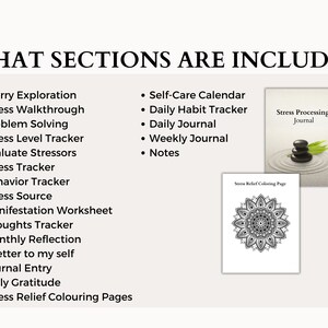 May include: A printable workbook with sections for stress management, self-care, and journaling. The workbook includes a stress processing journal, a daily habit tracker, a weekly journal, and a stress relief coloring page.