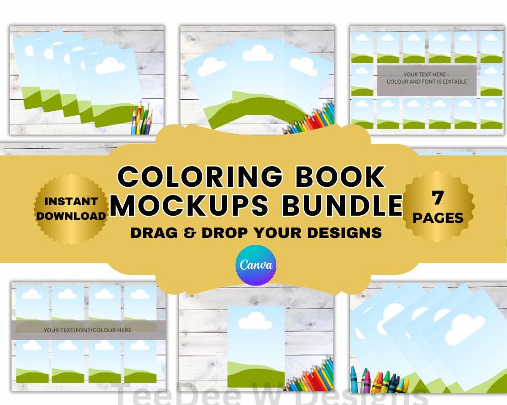 Pack de mockups de libro para colorear para Etsy y KDP A+ | 7 plantillas de Canva con MRR/PLR