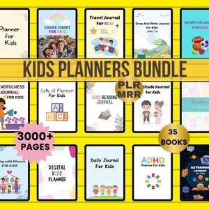 May include: A collection of children's planners, featuring titles such as 'Travel Journal' and 'Sports Planner'. The image shows 12 different planner covers, including 'Chore Chart' and 'School Planner'. The bundle contains over 3000 pages and 35 books.