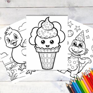 Pode incluir: Tr&ecirc;s p&aacute;ginas para colorir em preto e branco com um pintinho fofo, um cone de sorvete sorridente e um dinossauro usando um chap&eacute;u de festa.