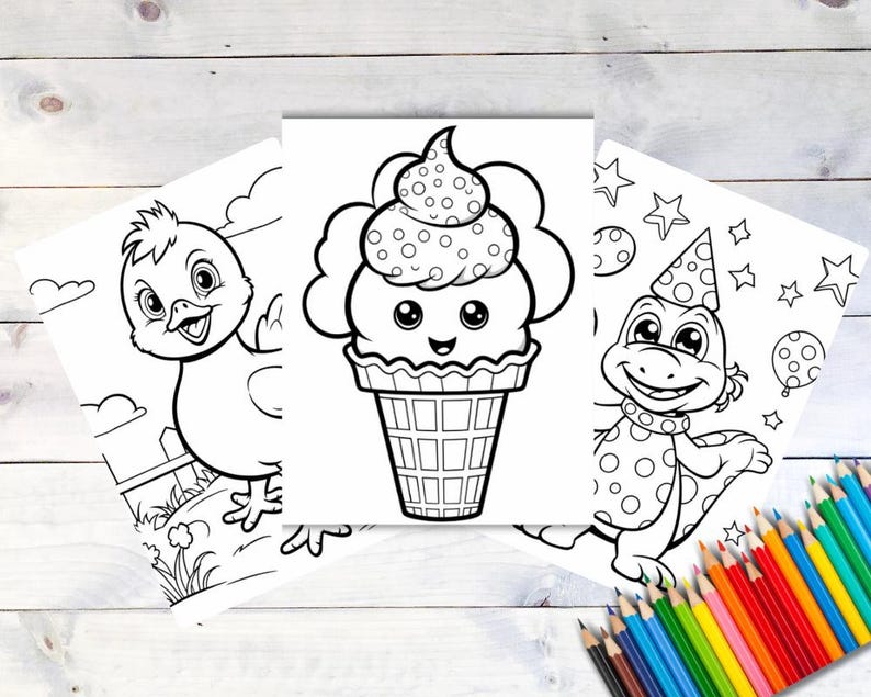 Pode incluir: Tr&ecirc;s p&aacute;ginas para colorir em preto e branco com um pintinho fofo, um cone de sorvete sorridente e um dinossauro usando um chap&eacute;u de festa.