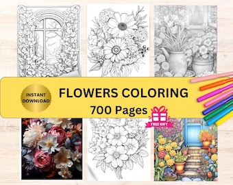 Pagine da colorare di fiori per adulti, pacchetto di 700 pagine da colorare floreali, libri da colorare antistress, bonus con download immediato #2
