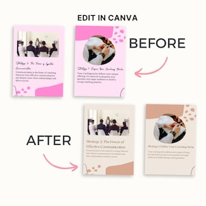 May include: A pink and white graphic with the text "Strategy 2: The Power of Effective Communication" and a group of people in a meeting. The text "Communication is the heart of coaching. Discover how effective communication can deepen your client relationships and drive success." is also included. The graphic is labeled "After".
