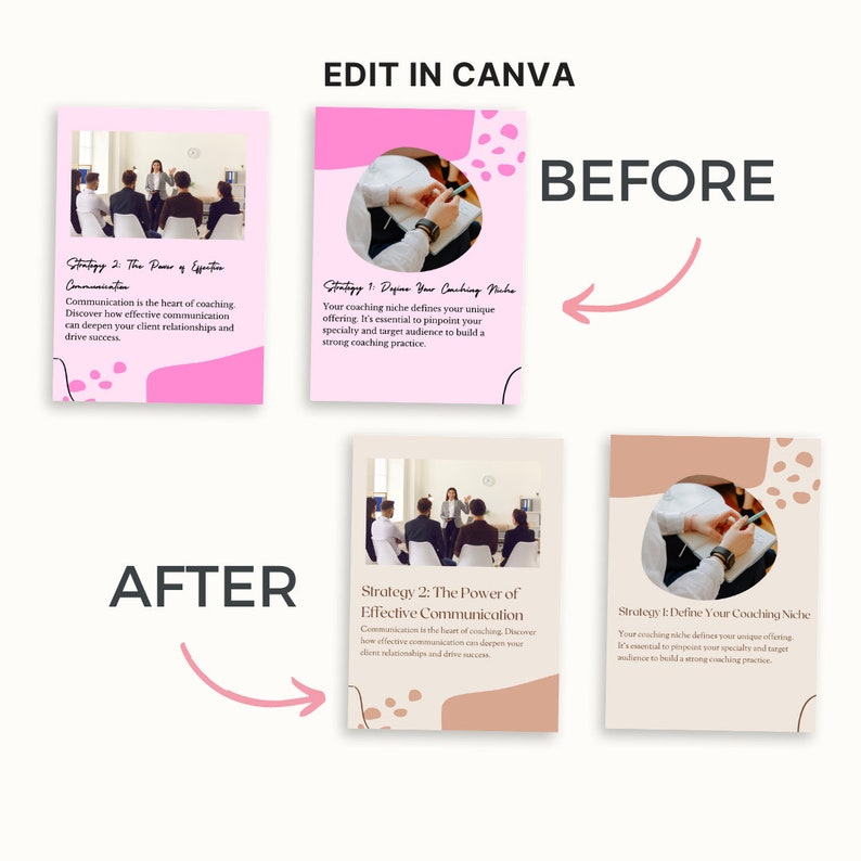May include: A pink and white graphic with the text "Strategy 2: The Power of Effective Communication" and a group of people in a meeting. The text "Communication is the heart of coaching. Discover how effective communication can deepen your client relationships and drive success." is also included. The graphic is labeled "After".
