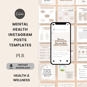 Mallar för Instagram-inlägg om PLR, mental hälsa och hälsa, nedladdning av 60 PLR-inlägg om ångest och välbefinnande, paket för sociala medier, redigerbart i Canva