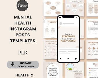 PLR Mental Health Instagram Post Templates Bundle, 60 PLR Anxiety Instagram Posts Wellness Download, Social Media Pack, Editable in Canva