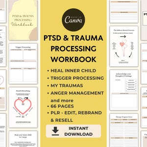 May include: A digital workbook with a pink and brown color scheme. The title is "PTSD & Trauma Processing Workbook". The workbook includes sections on healing inner child, trigger processing, my traumas, anger management, and more. It has 66 pages and is a PLR product that can be edited, rebranded, and resold.