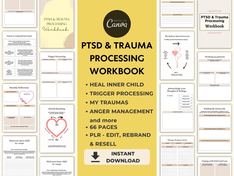 May include: A digital workbook with a pink and brown color scheme. The title is "PTSD & Trauma Processing Workbook". The workbook includes sections on healing inner child, trigger processing, my traumas, anger management, and more. It has 66 pages and is a PLR product that can be edited, rebranded, and resold.