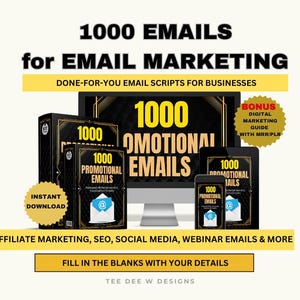 Op de afbeelding: Digitaal marketingproduct met de tekst "1000 EMAILS for EMAIL MARKETING". Bevat een computermonitor, tablet en smartphone die het product weergeven. Het product wordt beschreven als "DONE-FOR-YOU EMAIL SCRIPTS FOR BUSINESSES". Inclusief een bonus digitale marketinggids.