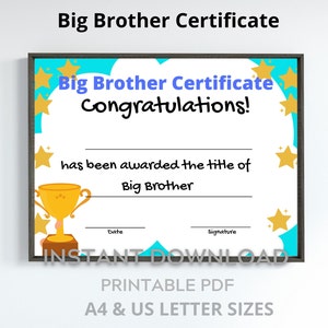 Certificado de Gran Hermano imprimible, para niños, nuevo regalo de recuerdo para hermanos, tamaños A4 y carta de EE. UU.