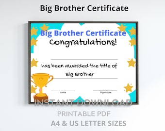 Big Brother Certificate Printable - for kids - new Sibling Keepsake gift - A4 & US Letter sizes