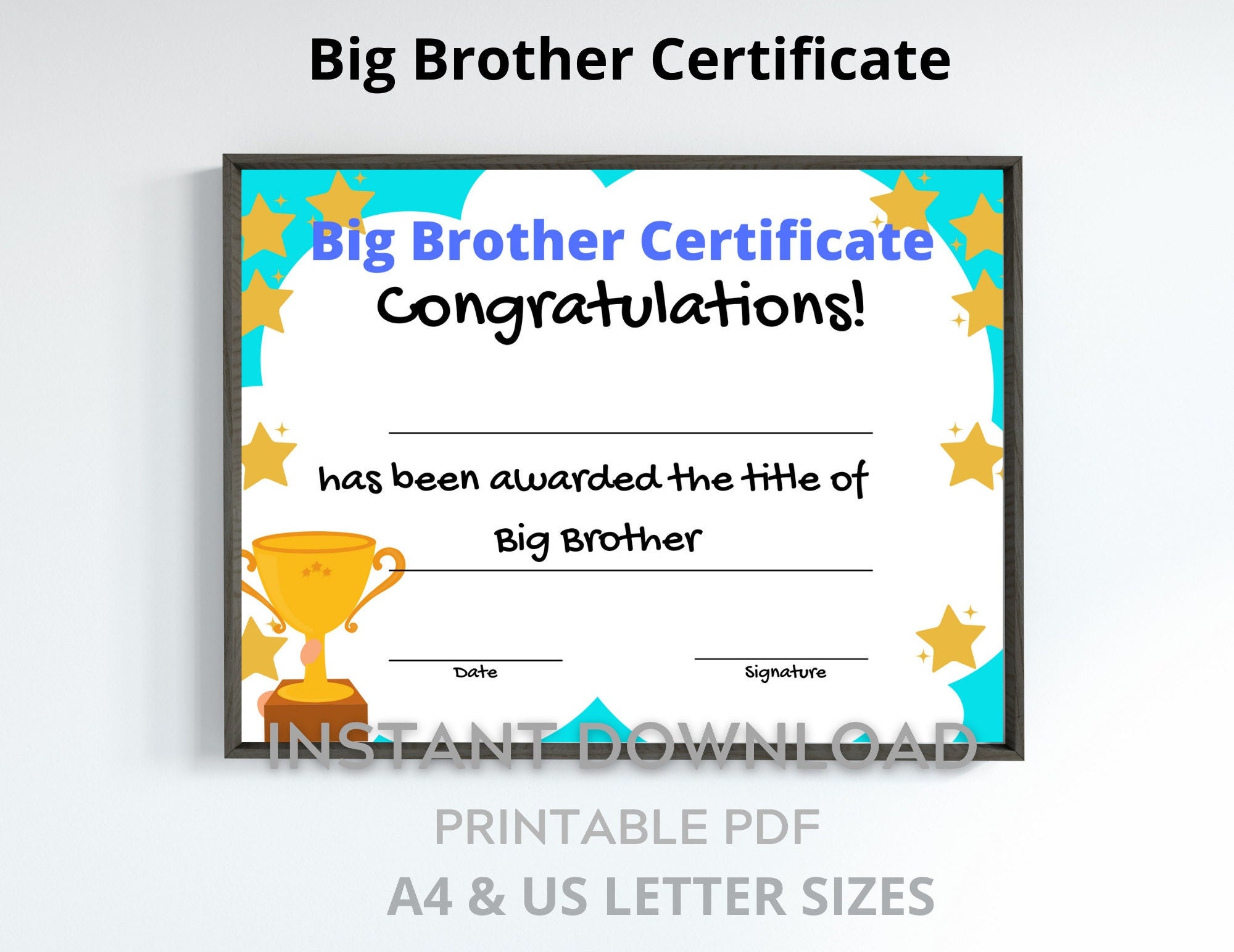 Big Brother Certificate Printable for Kids New Sibling Keepsake Gift A4 & US Letter Sizes - Etsy