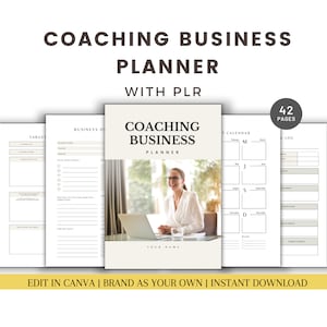 May include: A digital planner for coaching businesses with 42 pages. The cover features a woman sitting at a desk with a laptop and the text "Coaching Business Planner" in a brown font.