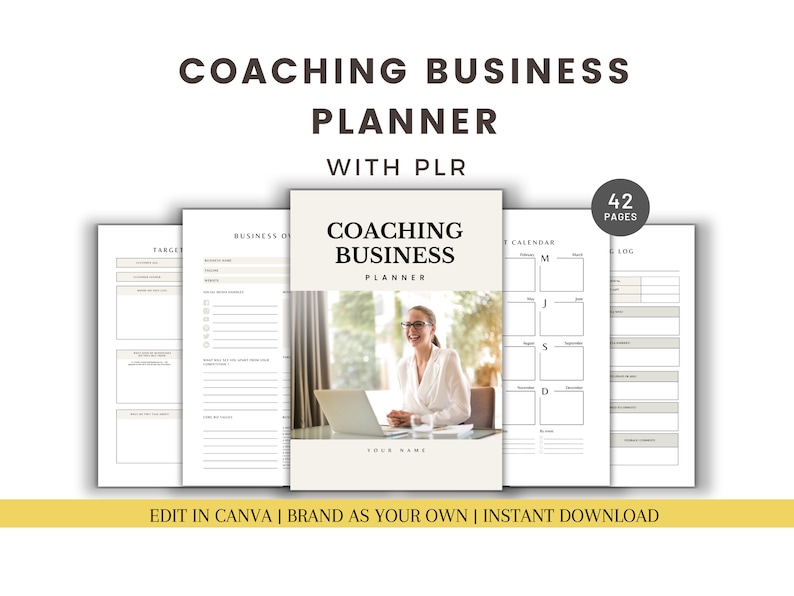 May include: A digital planner for coaching businesses with 42 pages. The cover features a woman sitting at a desk with a laptop and the text "Coaching Business Planner" in a brown font.