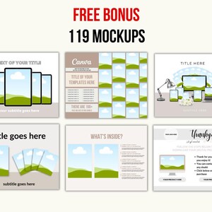 May include: Digital product mockups image with the text "FREE BONUS 119 MOCKUPS". The image shows various digital device mockups, such as tablets, phones, and computers, with areas for product images and text.