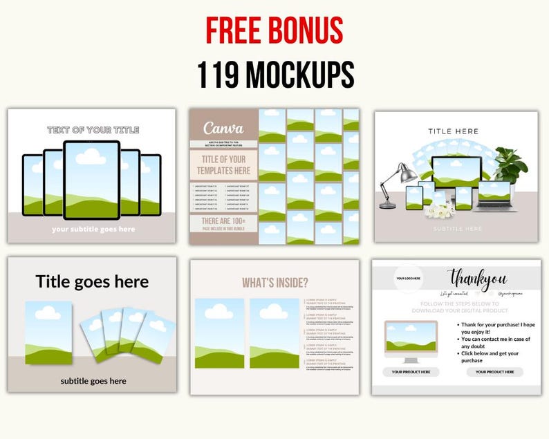 May include: Digital product mockups image with the text "FREE BONUS 119 MOCKUPS". The image shows various digital device mockups, such as tablets, phones, and computers, with areas for product images and text.