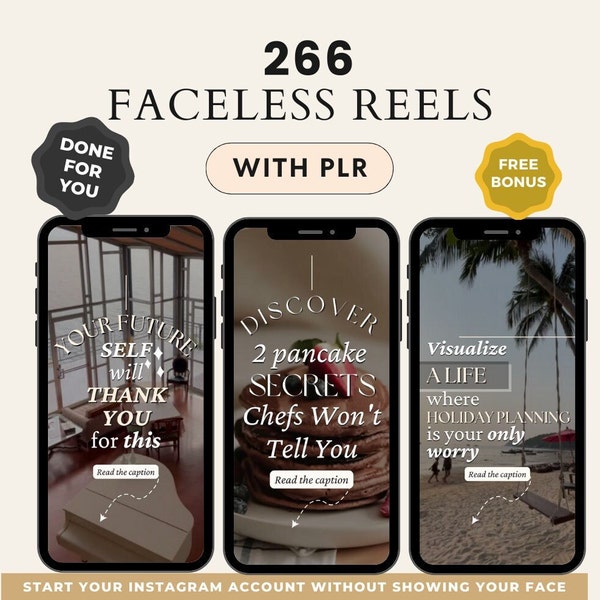 266 PLR Faceless Reels Bundle, Aesthetic Content Videos, Faceless Digital Marketing, Done For You dfy, Instagram Reels, Free Bonus Download