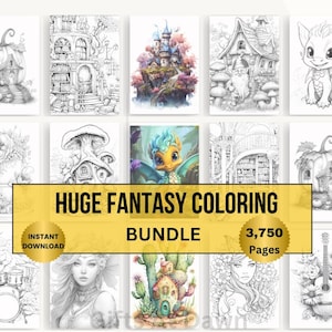 Może przedstawiać: Kolekcja kolorowanek o tematyce fantasy. Obrazy zawierają ilustracje domk&oacute;w dla wr&oacute;żek, smok&oacute;w i innych fantazyjnych stworzeń. Tekst na obrazie brzmi "HUGE FANTASY COLORING BUNDLE" i "3750 stron".