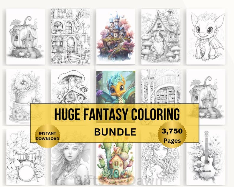 Może przedstawiać: Kolekcja kolorowanek o tematyce fantasy. Obrazy zawierają ilustracje domk&oacute;w dla wr&oacute;żek, smok&oacute;w i innych fantazyjnych stworzeń. Tekst na obrazie brzmi "HUGE FANTASY COLORING BUNDLE" i "3750 stron".