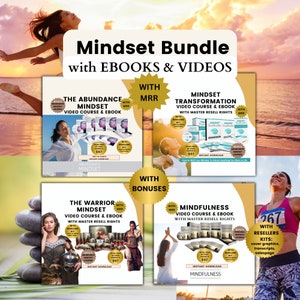 Peut inclure: Un bundle de produits numériques comprenant quatre cours de développement personnel différents, chacun avec un cours vidéo et un ebook. Les cours sont intitulés "The Abundance Mindset", "Mindset Transformation", "The Warrior Mindset" et "Mindfulness". Chaque cours comprend des droits de revente et des bonus. Le bundle est disponible pour 97 €.