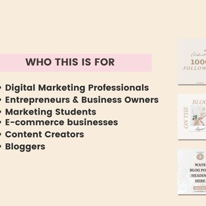 May include: A pink banner with the text "WHO THIS IS FOR" and a list of target audiences for digital marketing content: Digital Marketing Professionals, Entrepreneurs & Business Owners, Marketing Students, E-commerce businesses, Content Creators, and Bloggers. The image also includes three social media post templates with the text "Celebrating 1000 Followers", "On the Blog Today", and "3 Ways Blog Post Heading Here".