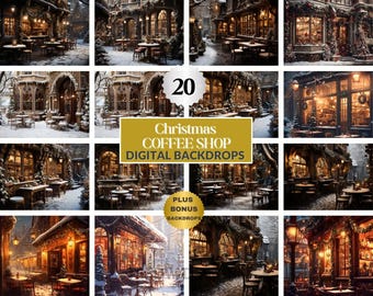Christmas Coffee Shop Backdrops, 20 Festive Cafe Backgrounds, Download Bonus