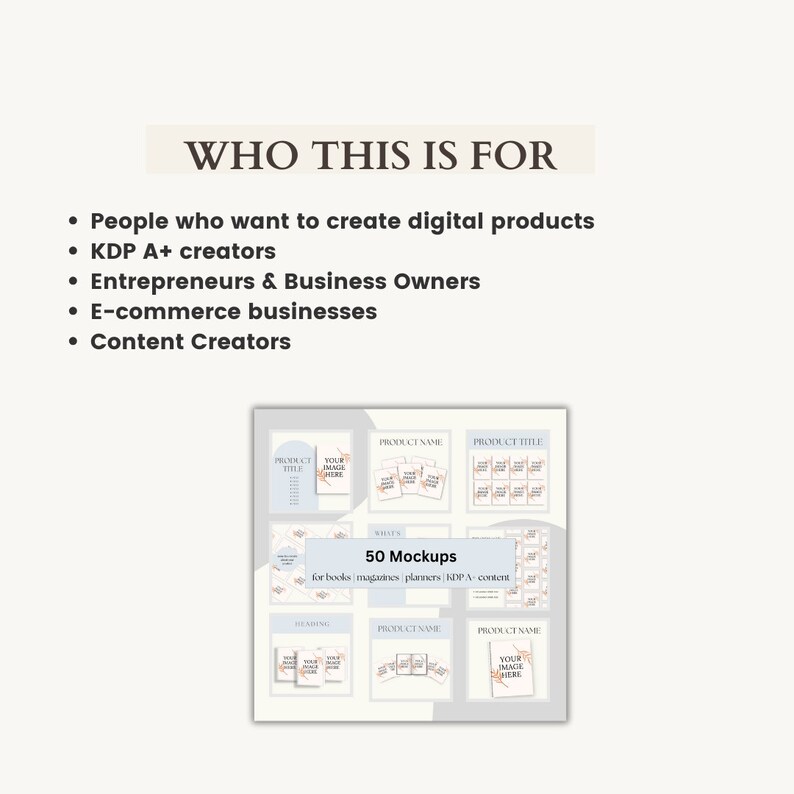 May include: A set of 50 mockups for digital products, including books, magazines, planners, and KDP content. The mockups feature a light blue background with floral accents and a place for your image.