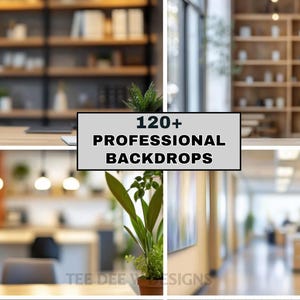 Könnte beinhalten: Eine Collage aus vier professionellen Hintergründen, darunter ein Arbeitsbereich mit Schreibtisch und Regalen, ein modernes Büro mit Fenster und ein heller Flur. Der Text "120+ PROFESSIONAL BACKDROPS" ist enthalten.