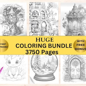 Może przedstawiać: Zbi&oacute;r czarno-białych kolorowanek z fantastycznymi scenami, w tym domkiem na drzewie i kulą śnieżną. Obraz zawiera tekst "HUGE COLORING BUNDLE 3750 Pages". Widoczne są kolorowe markery i oł&oacute;wki.