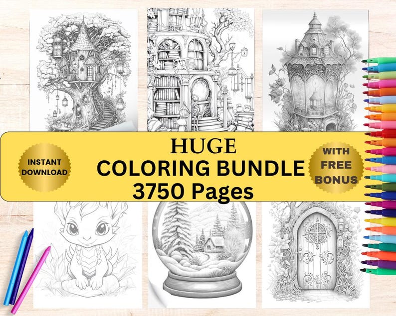 Może przedstawiać: Zbi&oacute;r czarno-białych kolorowanek z fantastycznymi scenami, w tym domkiem na drzewie i kulą śnieżną. Obraz zawiera tekst "HUGE COLORING BUNDLE 3750 Pages". Widoczne są kolorowe markery i oł&oacute;wki.