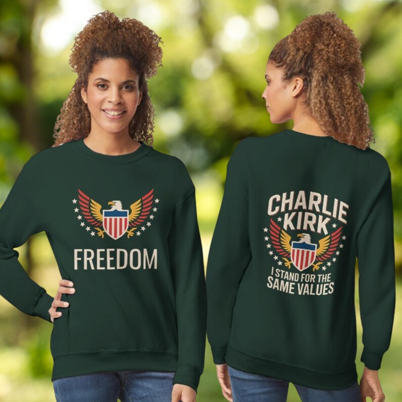Freedom Eagle Graphic Tee | Patriotic American Values Shirt | USA Pride Unisex T-Shirt Classic Unisex Crewneck Sweatshirt | Gildan® 18000 - Forest Green