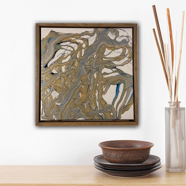 Original Acrylic Ribbon Pour Painting - 14x14 Inches, Gloss Finish - Handcrafted Artwork with Wooden Frame, Fluid Abstract Art