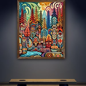 May include: Abstract art print depicting a vibrant forest scene with stylized trees, a river, and geometric shapes. The artwork is framed in a wooden frame and hangs above a wooden bench. The colour palette includes red, orange, blue, and green.