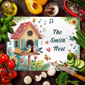 Glass Cutting Board Personalized Family Nest Design Kitchen Décor New Home Gift Housewarming Present Christmas Gift for Couple or Family