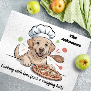 Funny Personalized Glass Cutting Board Cooking with Love Dog Lovers Custom Family Name Golden Retriever Kitchen Housewarming Christmas Gift