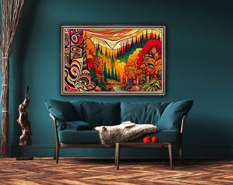 Lámina con paisaje del bosque Haida / Decoración mural de naturaleza indígena (descarga digital)