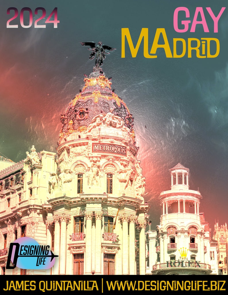 Gay Madrid travel guide 2024 cover with colorful light shinning on the beautiful architecture in Madrid