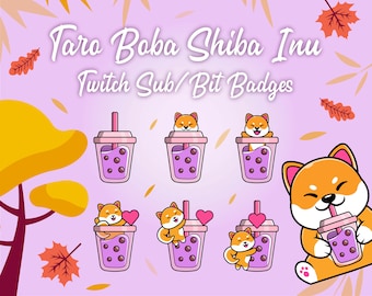 May include: Set of six digital badges featuring a Shiba Inu dog in various poses with a taro boba tea. The badges are designed for Twitch subscribers and bit badges.