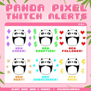 May include: A set of six animated Twitch alerts featuring a pixelated panda in different colors. The alerts are for new cheer, new donation, new follower, new host, new subscriber, and new raid. The text "PANDA PIXEL TWITCH ALERTS" is at the top of the image. The text "ALERT SIZE: 1000 X 1000PX PACHIPACHIPACA" is at the bottom of the image.