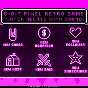 Pink Neon Retro Animated Twitch Alert + Sound, Notification Streams Alerts, Y2k Pixel Vintage 8 Bit Twitch Alert Bundle