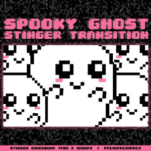 May include: A pixelated animation of a white ghost with black eyes and a pink blush. The ghost is surrounded by other ghosts with different expressions. The text "SPOOKY GHOST STINGER TRANSITION" is at the top of the image.