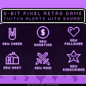 Purple Neon Retro Animated Twitch Alert + Sound, Notification Streams Alerts, Y2k Pixel Vintage 8 Bit Twitch Alert Bundle