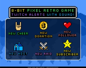 Retro Animated Twitch Alert + Sound, Notification Streams Alerts, Y2k Pixel Vintage 8 Bit Twitch Alert Bundle