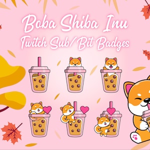Boba Shiba Inu Twitch Sub / Bit Badges for Streamer, Vtuber, Cute Kawaii Dog Art Streaming Graphics